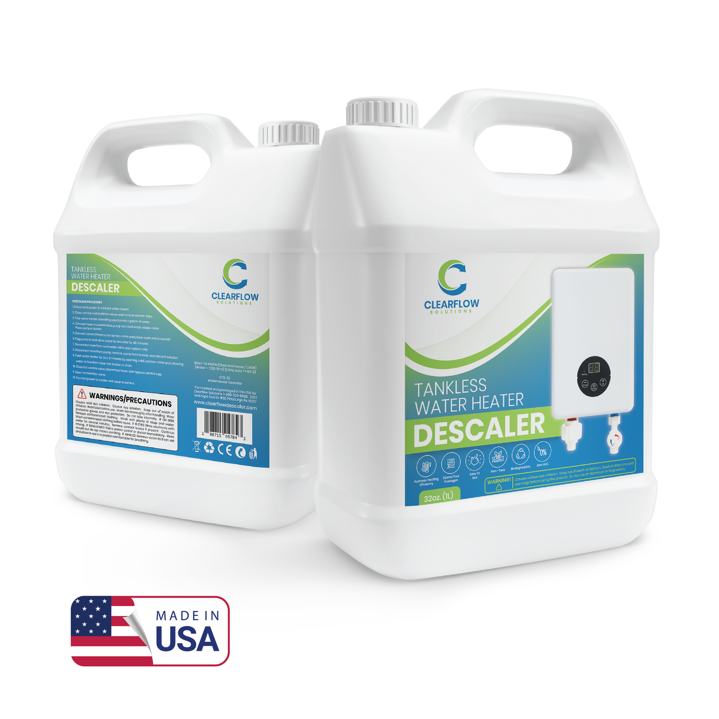 Tankless Water Heater Descaler, Quart (32 oz) - Premium Descaler for Tankless Water Heater Systems, Restores Heating Efficiency, Nontoxic, Easy to Use, Biodegradable, Made in USA!